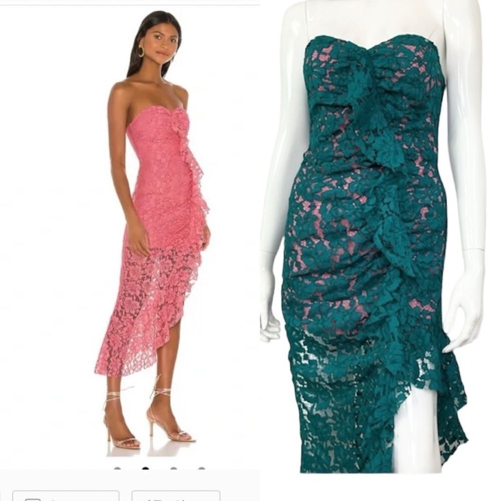 NEW NBD REVOLVE Kyla Green Floral Lace Asymmetrical Strapless Maxi Gown Dress S